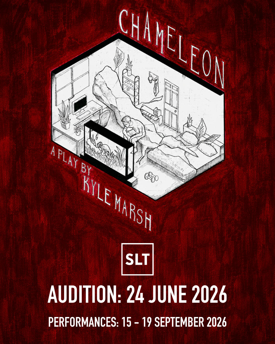Chameleon poster image featuring an apparently hand drawn sketch of a room diorama in which a man sits on a tree trunk which appears to have grown through his side wall as he watches a chameleon in a tank