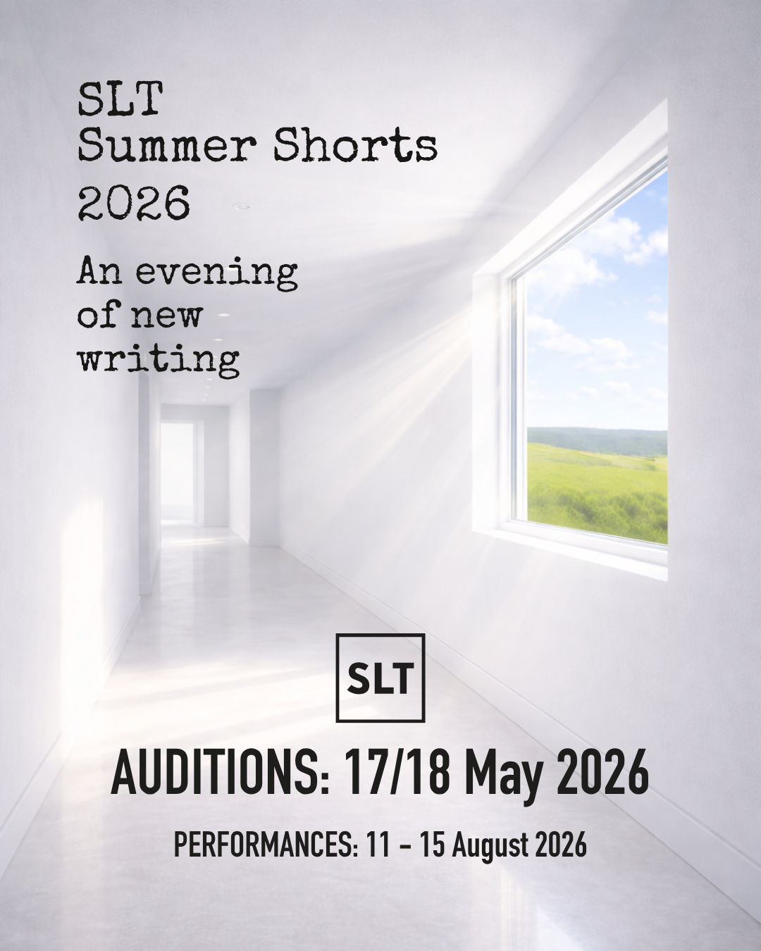 Summer Shorts image of a brightly lit white corridor with a window off to the side, out of which can be seen an open green landscape against a blue sky.