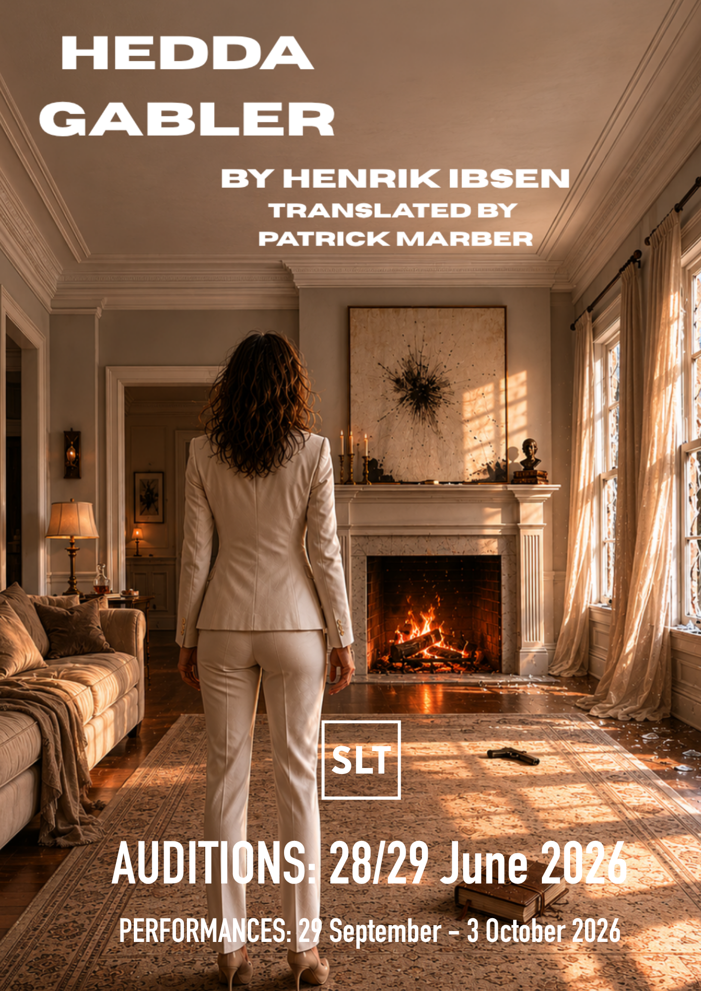 A woman in a cream trouser suit stands in a sophisticated living room facing away towards an open fire with an open window to her right