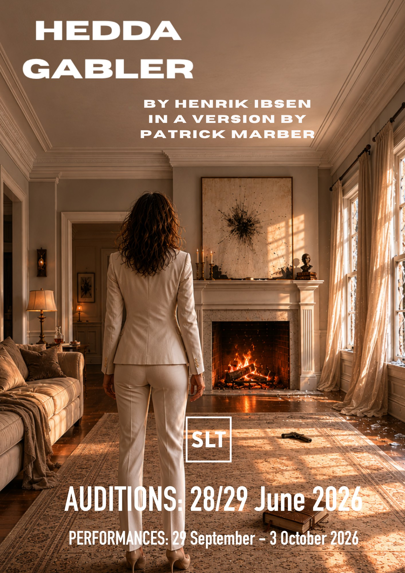 A woman in a cream trouser suit stands in a sophisticated living room facing away towards an open fire with an open window to her right