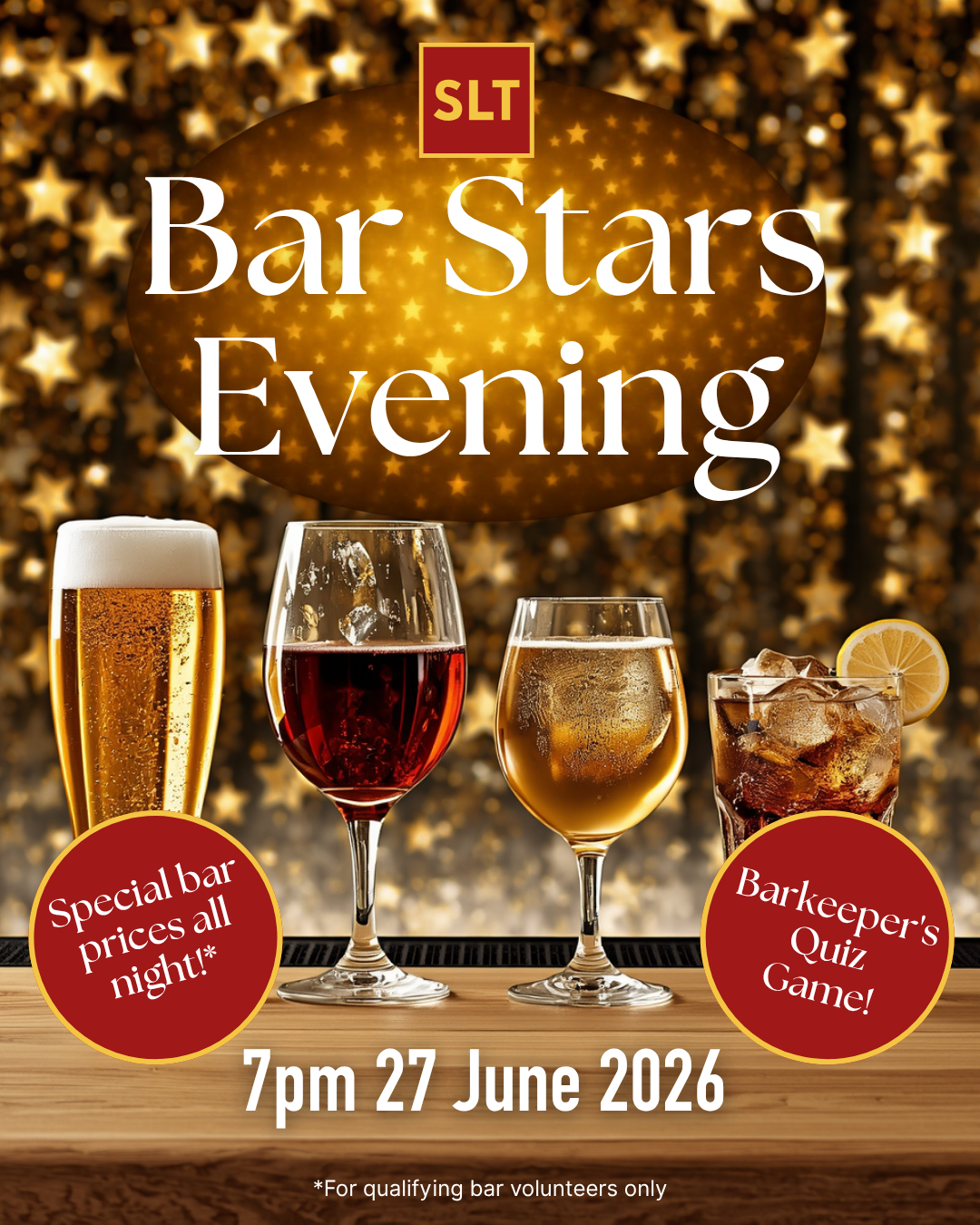Poster image featuring typical bar drinks against a starry background.