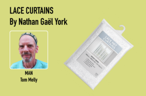 Headshot of actor in Lace Curtains by Nathan Gaël York, alongside a pack of lace curtains