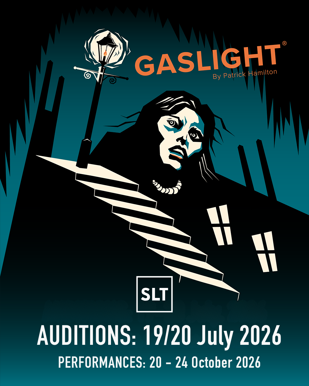 Graphic gothic-style image of a staircase, a street lamp and a house with the head of a frightened woman trapped between them