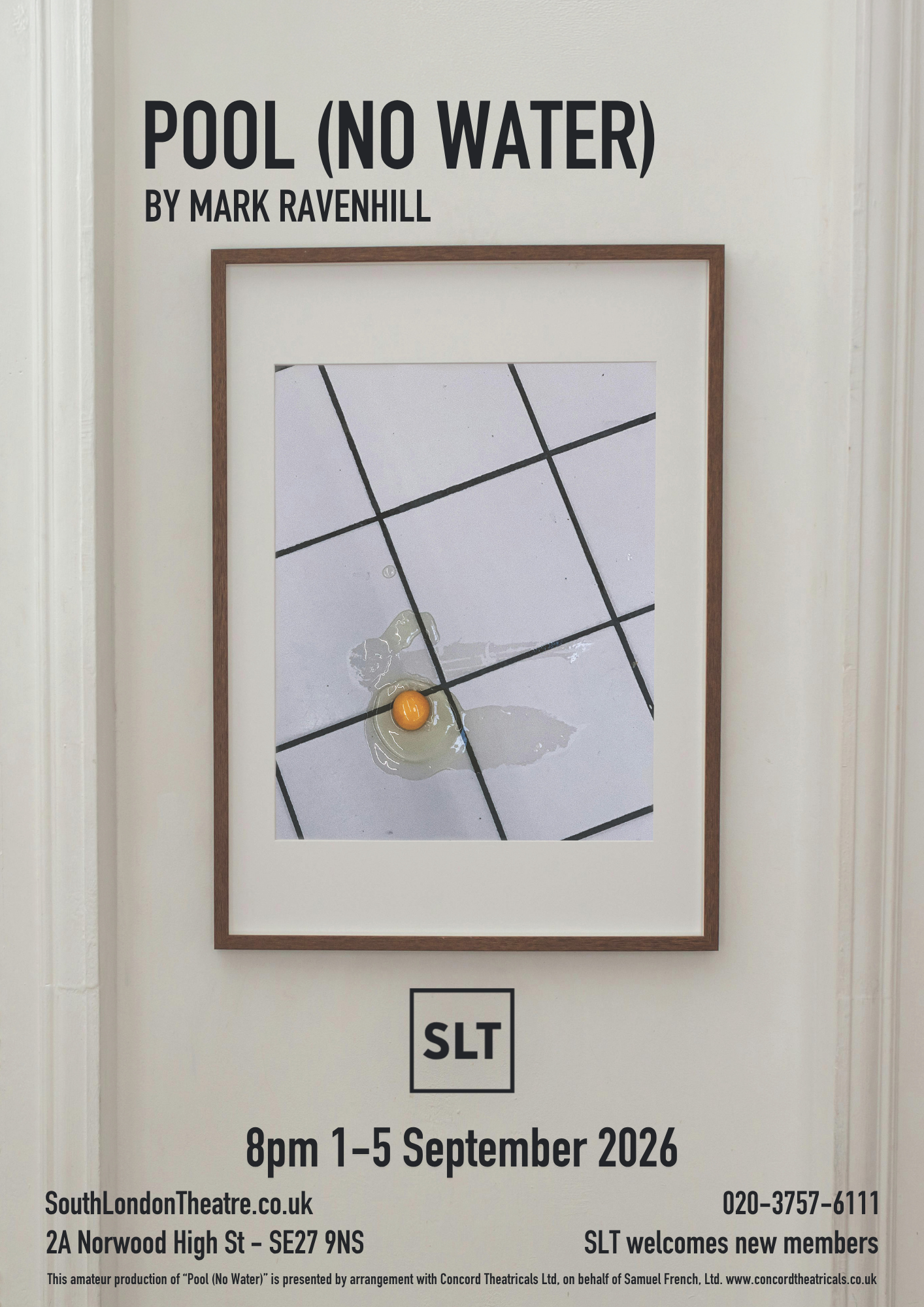A white wall with a framed picture of a swimming pool floor, with a raw egg broken on to it