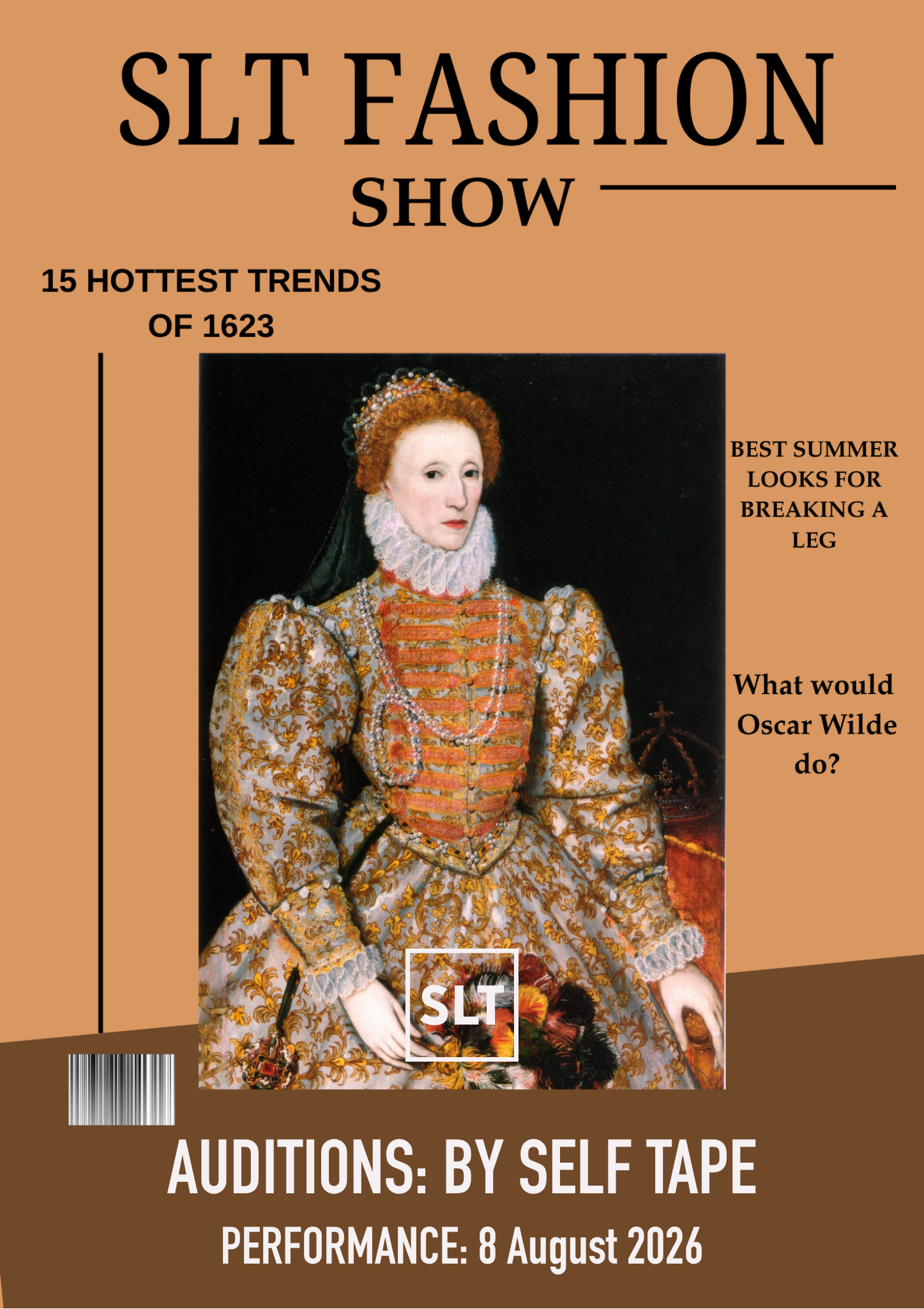 Audition notice featuring a portrait of Queen Elizabeth First as though on a magazine cover