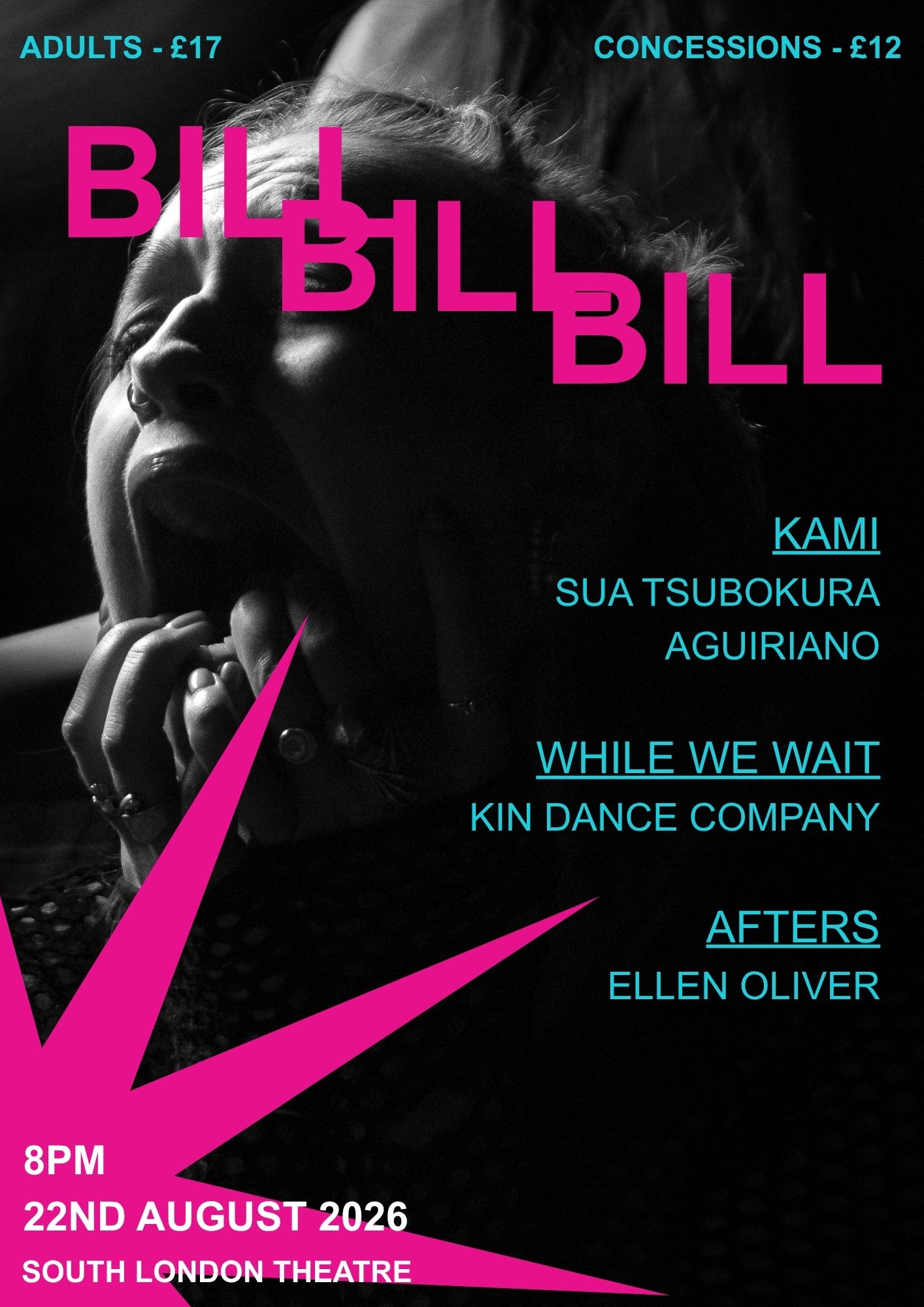 Poster graphic consisting of a monochrome and moody image of a woman with her mouth agape, her fingers holding her bottom jaw, along with brightly coloured star motif and title text,