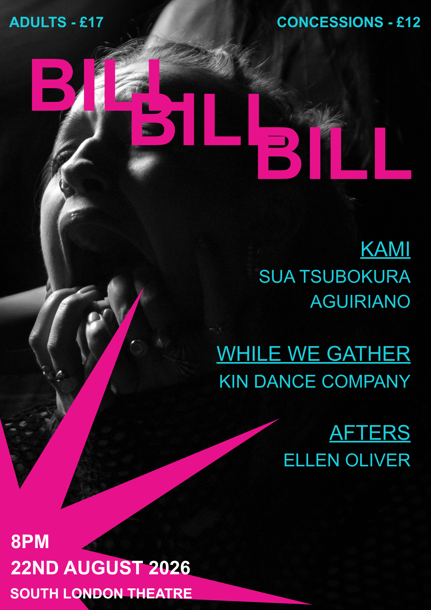 Poster graphic consisting of a monochrome and moody image of a woman with her mouth agape, her fingers holding her bottom jaw, along with brightly coloured star motif and title text,