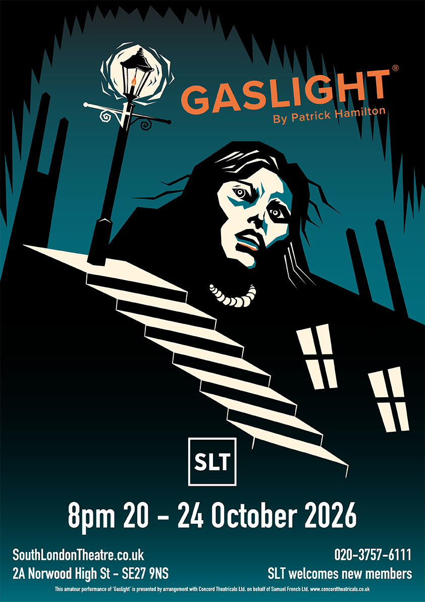 Graphic gothic-style image of a staircase, a street lamp and a house with the head of a frightened woman trapped between them