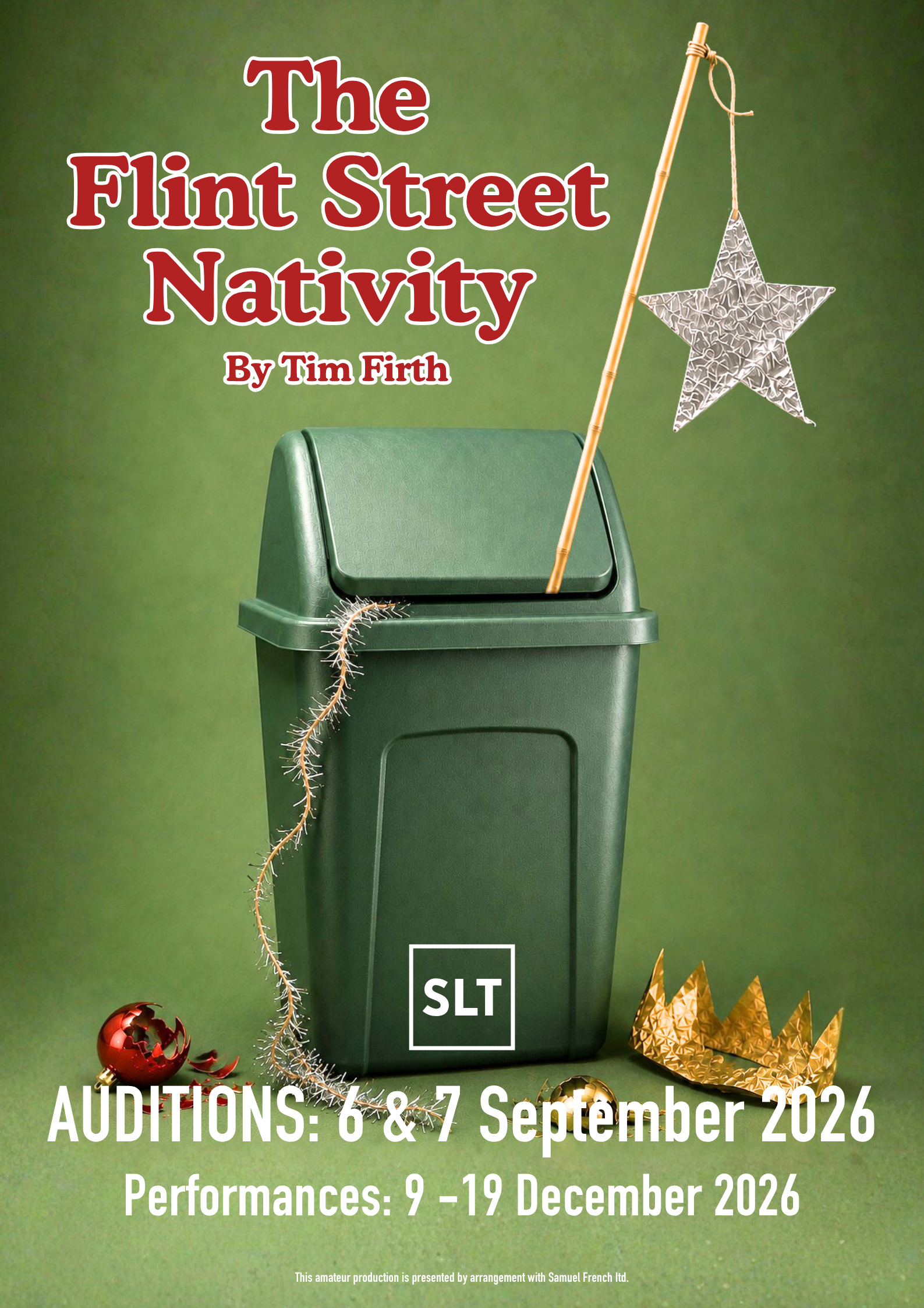 Poster image of a green flip top waste bin on a green background. Projecting out of the bin is a cane with a foil-covered cardboard star dangling from the end, whilst on the floor is a squashed cardboard crown and a couple of broken baubles. A trail of ragged tinsel also streams from the bin.