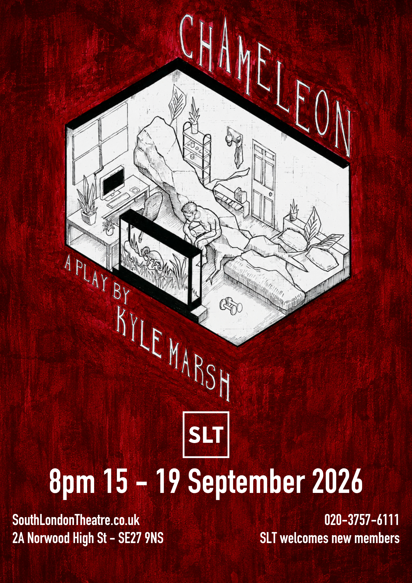 Chameleon poster image featuring an apparently hand drawn sketch of a room diorama in which a man sits on a tree trunk which appears to have grown through his side wall as he watches a chameleon in a tank