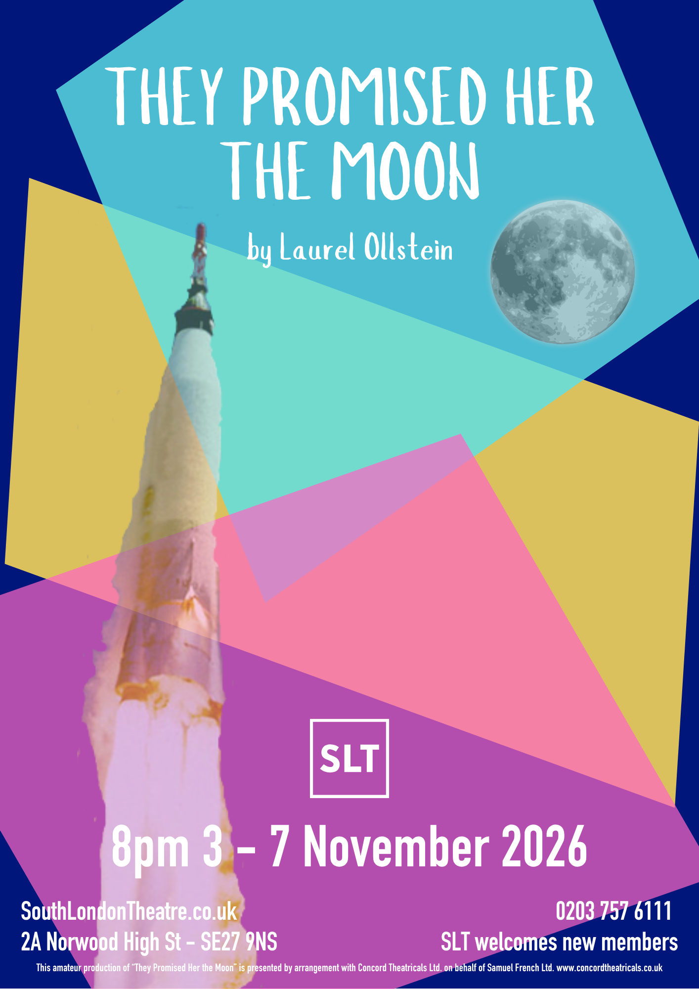 A photo of a rocket blasting towards the moon on a background of coloured shapes