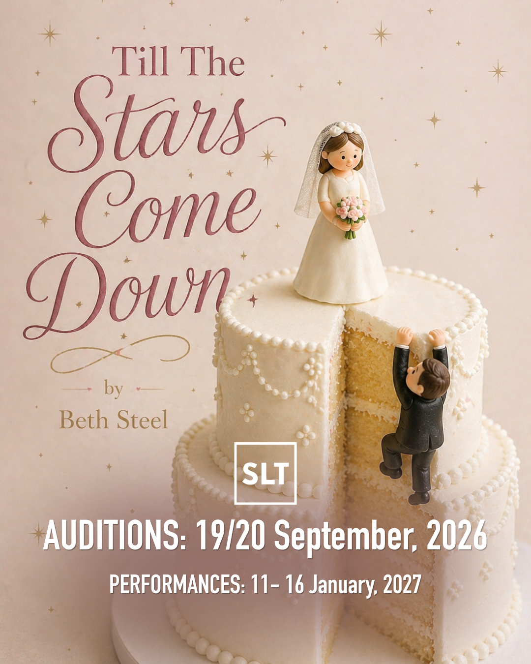 An image of a creamy-white tiered wedding cake with a miniature bride on top and a miniature groom clinging on to the side of the cake as he climbs up it toward her