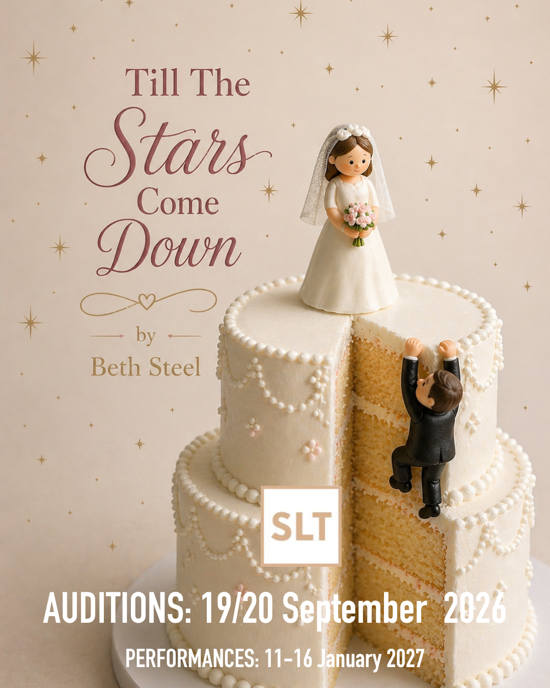 An image of a creamy-white tiered wedding cake with a miniature bride on top and a miniature groom clinging on to the side of the cake as he climbs up it toward her