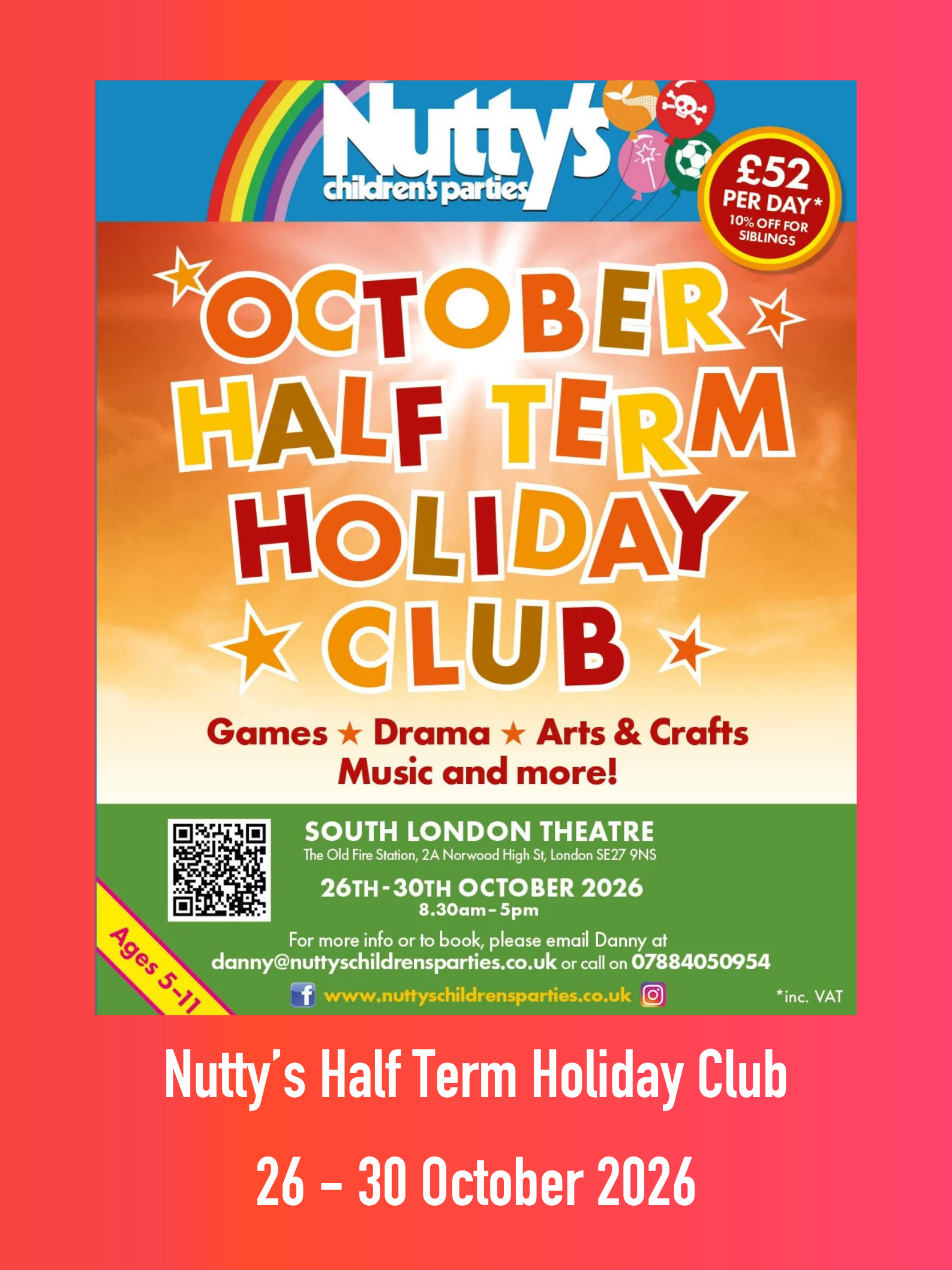 Poster with colourful lettering on an autumn sky/green grass style background