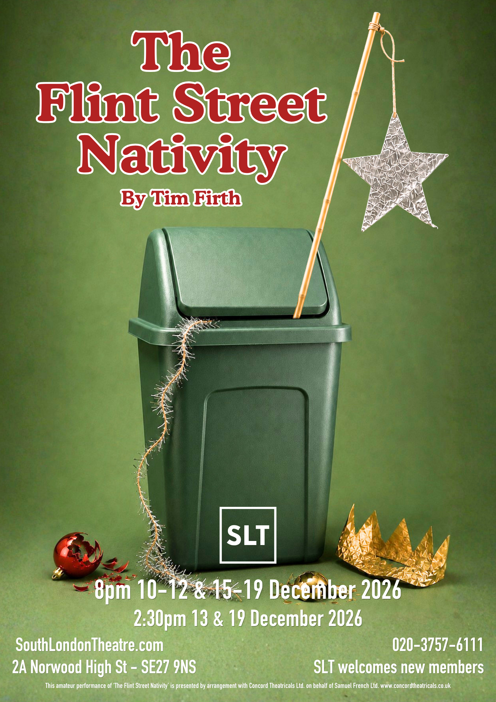 poster image for The Flint Street Nativity, featuring a green flip top waste bin on a green background. Projecting out of the bin is a cane with a foil-covered cardboard star dangling from the end, whilst on the floor is a squashed cardboard crown and a couple of broken baubles. A trail of ragged tinsel also streams from the bin.