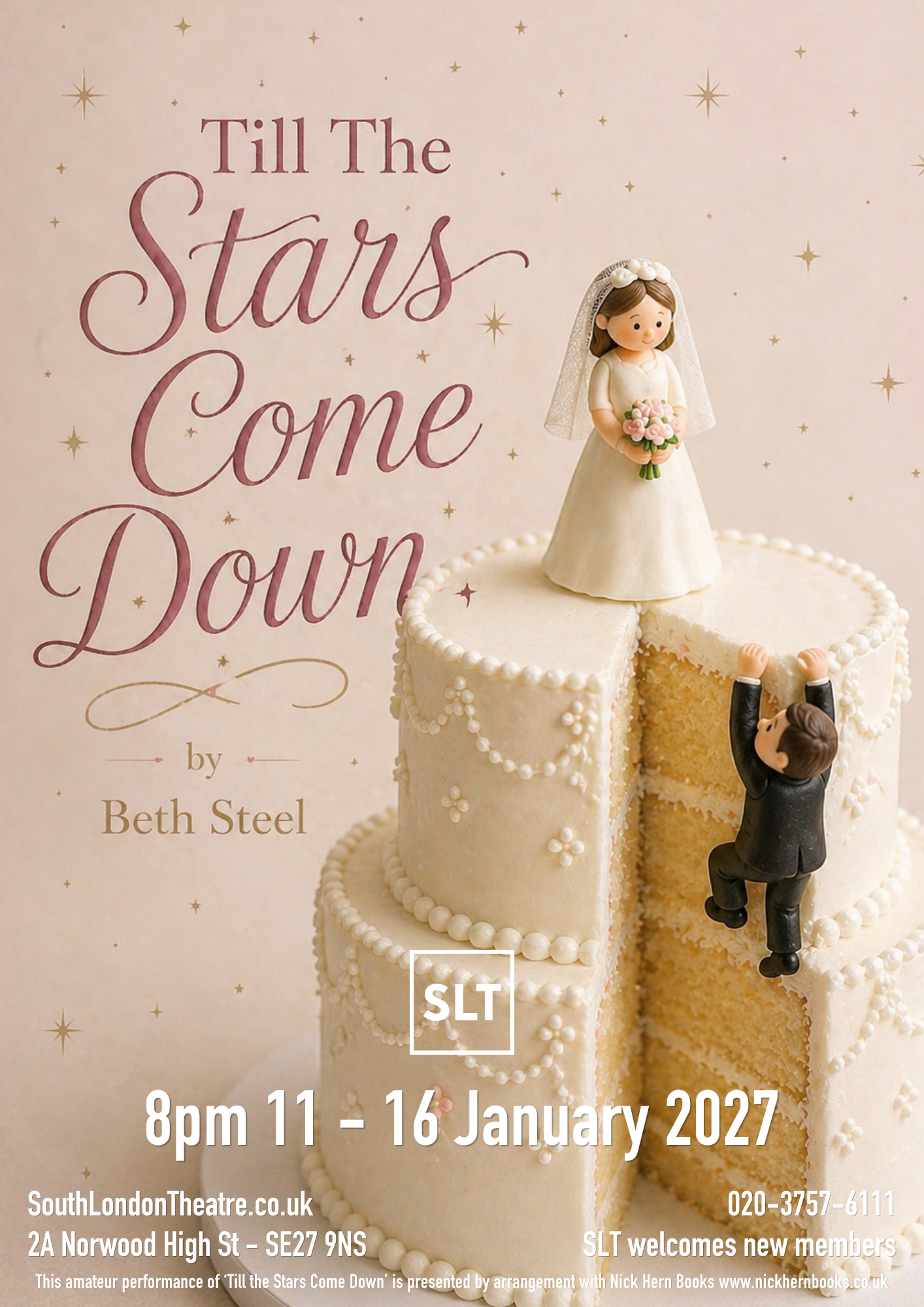 An image of a creamy-white tiered wedding cake with a miniature bride on top and a miniature groom clinging on to the side of the cake as he climbs up it toward her