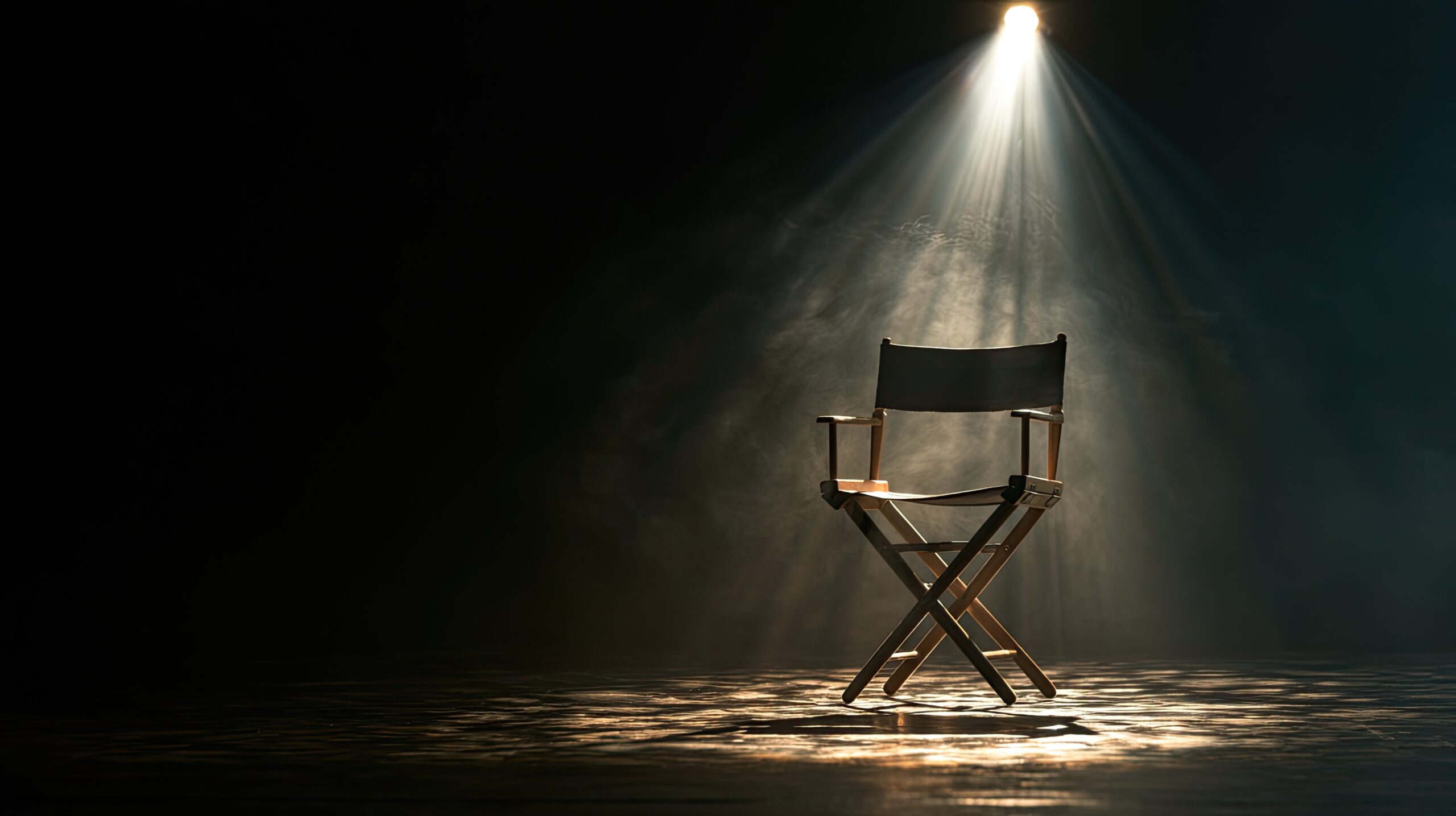 Image of a single director's chair in a theatre spotlight